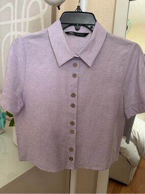 Zara Light Lavender Button-Down Cropped Shirt